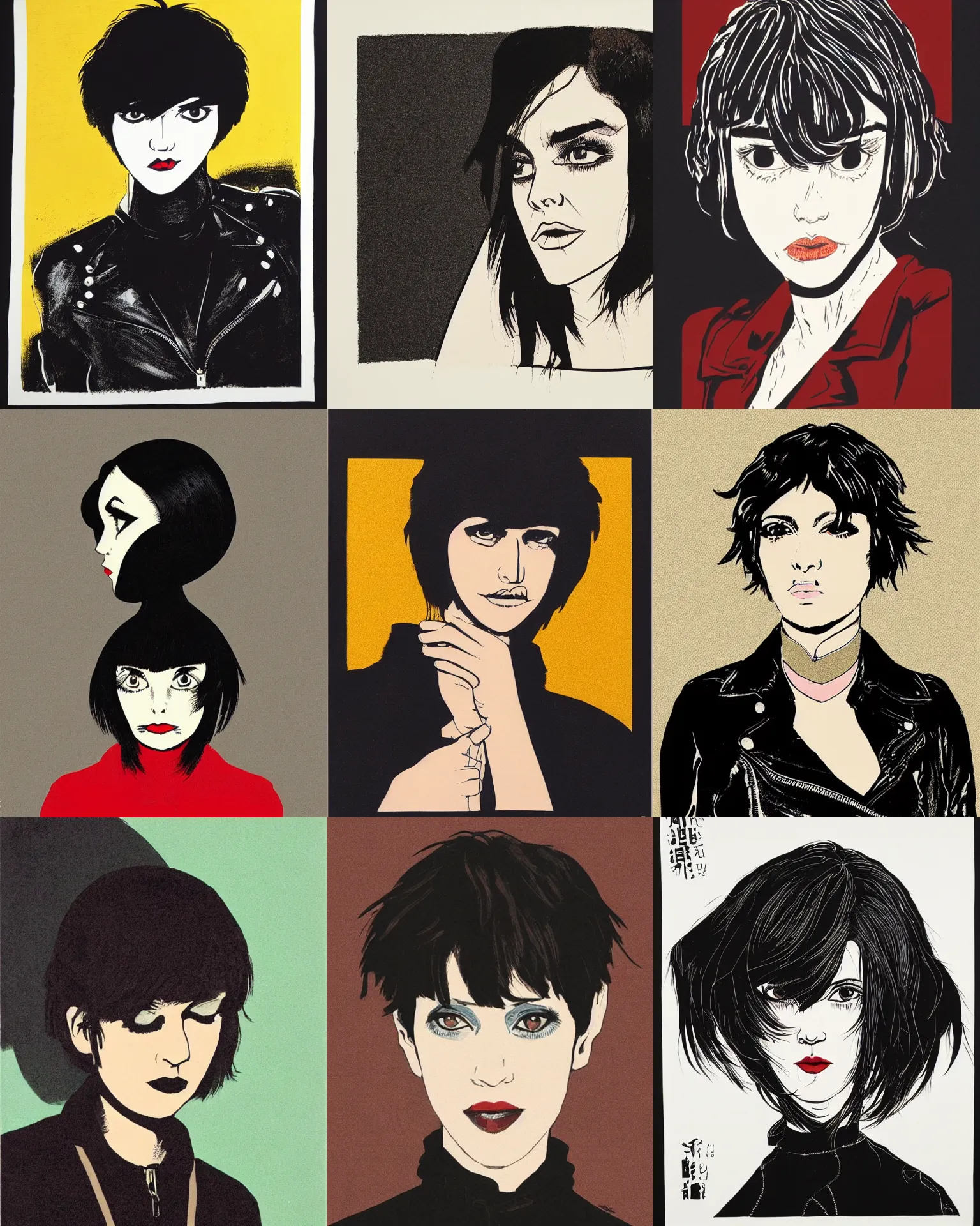 Prompt: A silkscreen print serigraph. Her hair is dark brown and cut into a short, messy pixie cut. She has a slightly rounded face, with a pointed chin, large eyes with entirely-black sclerae!!!!!!, and a small nose. She is wearing a black leather jacket, a black knee-length skirt, a black choker, and black leather boots.