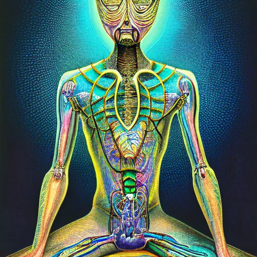 Prompt: transparent full body insectoid cyborg dmt entity with microbial eyes as body geometric pattern in the hand giving a merkabah to sitting meditating third eye activated human soulful colors alex grey beksinski sci fi cyberpunk steampunk hyperrealistic ernst haeckel dark grim