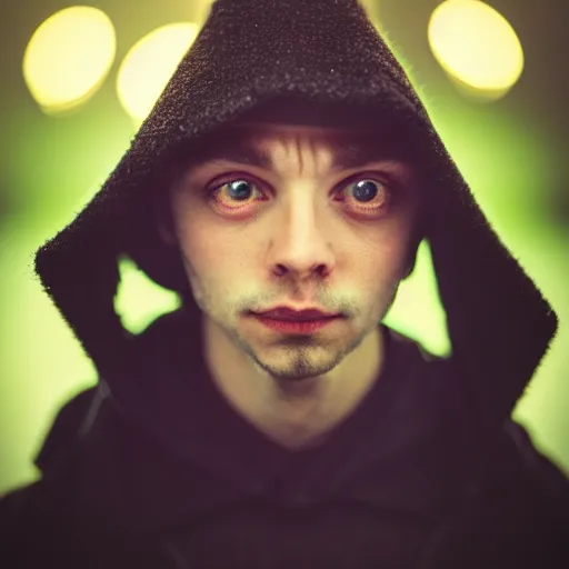 Image similar to portrait of a mysterious wizard with a Hood, bright eyes, fantasy, bokeh, magic lights, cinematic