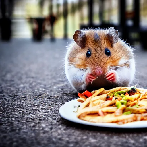 Prompt: detailed photo of a hamster eating a kebab, outdoors, various poses, full body, daylight, 8 k