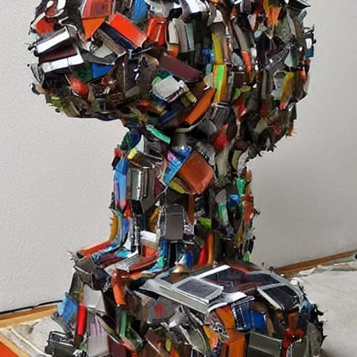 Prompt: A sculpture made of recycled materials but with perfect definition, 💃🤖