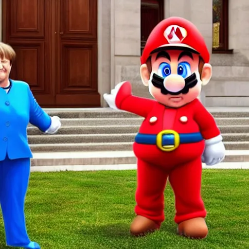 Image similar to angela merkel in a super mario costume, extremely detailed, 8 k, photorealistic, cinematic atmosphere, award winning photography