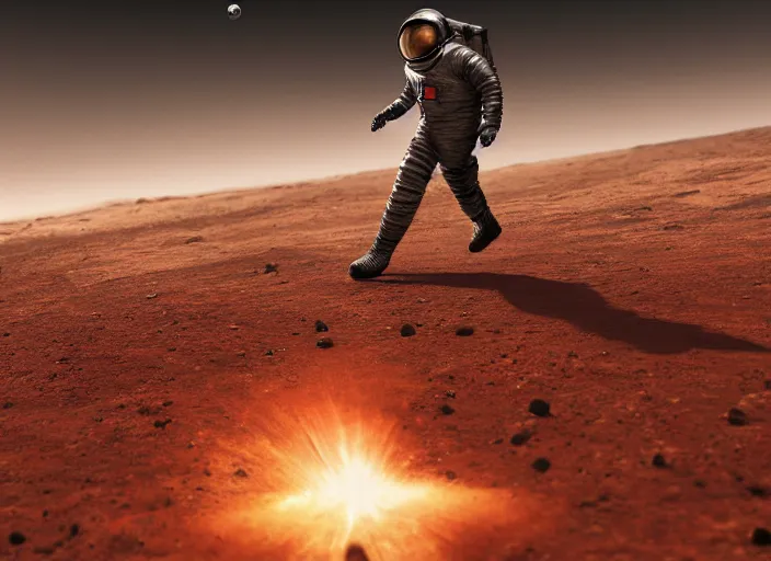 Image similar to ! dream ultra realistic illustration, a soviet astronaut playing soccer on mars, mars landscape, elegant, highly detailed, artstation, concept art, smooth, sharp focus, moody, dramatic lighting