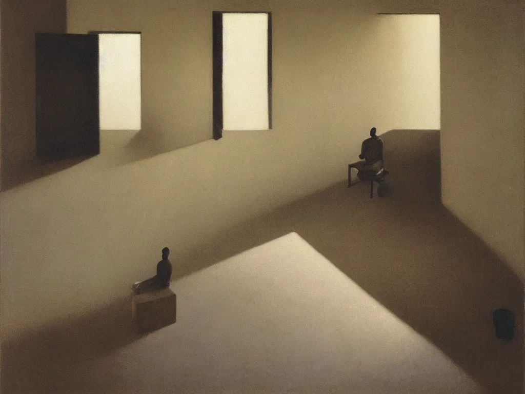 Prompt: Interior of a Zen monk cell. Grazing light, high contrast. Painting by Vilhelm Hammershoi, Rothko