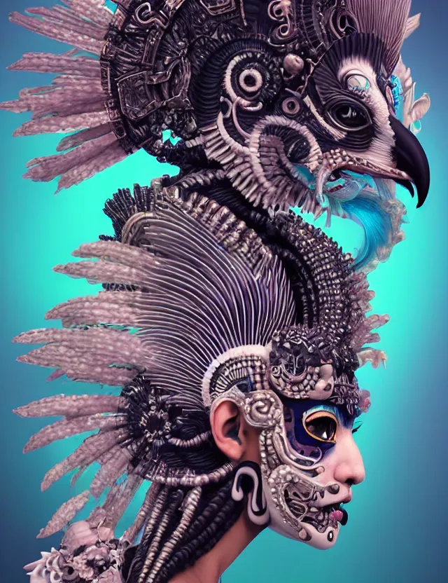 Image similar to 3 d goddess close - up profile portrait punk with mohawk with ram skull. beautiful intricately detailed japanese crow kitsune mask and clasical japanese kimono. betta fish, jellyfish phoenix, bio luminescent, plasma, ice, water, wind, creature, artwork by tooth wu and wlop and beeple and greg rutkowski