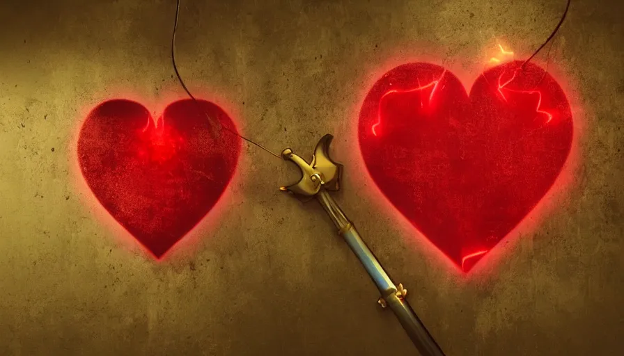 Prompt: a red heart with a sword bursting through it and the word ERES written on a gold plate on the heart, cinematic lighting, art station, establishing shot