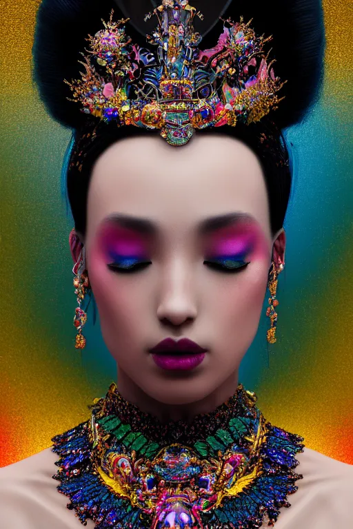 Image similar to a singular beautiful empress dramatic portrait, black hair, with a brilliant, impossible striking shiny big multi colored crystal headpiece, symmetrical, reflective surface, rainbow crystal clothes, rococo, baroque, jewels, asian, realistic, dramatic studio lighting, closeup, D&D, fantasy, intricate, elegant, highly detailed, digital painting, artstation, octane render, 8k, concept art, matte, sharp focus, illustration, art by Artgerm and Greg Rutkowski and Alphonse Mucha