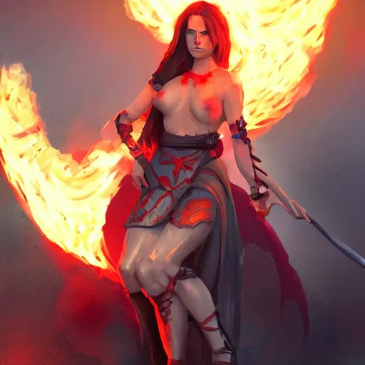 Prompt: Hot fire giantess, sitting down, shrouded humanoid on lap, fire in hand, warrior queen, concept art, artstation, 4k