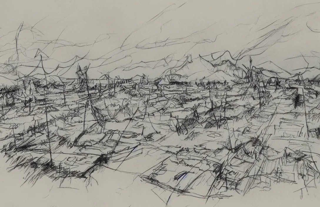 Image similar to milt kahl sketch of world war 1 trenches with the city of miami in the background