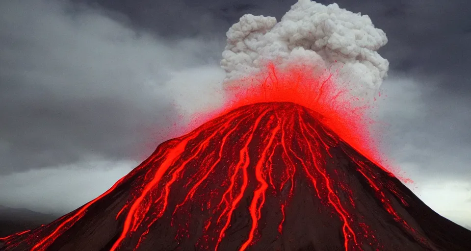 Image similar to a volcano made of ivory vines and crimson rocks enters in eruption, it spits a smoke in the shape of demonic eye, by Jhonen Vasquez