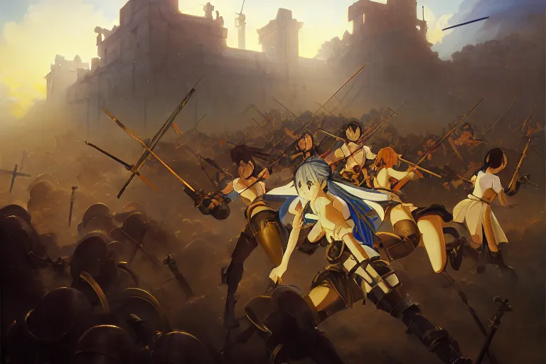 Image similar to baroque oil painting of key visual environment concept art of anime maids fighting a crusade in jerusalem, brutalist, dark fantasy, rule of thirds golden ratio, fake detail, trending pixiv fanbox, acrylic palette knife, style of makoto shinkai studio ghibli genshin impact jamie wyeth james gilleard greg rutkowski chiho aoshima