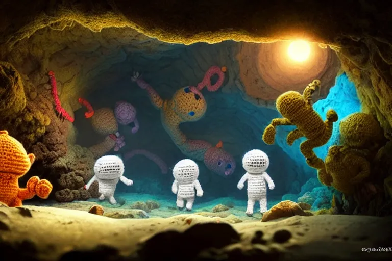 Image similar to an expedition of crochet astronauts discovering a mysterious cave underwater. cute, illustration, digital art, inspired by little big planet, by greg rutkowski, detailed, sharp, masterpiece, highly detailed, photorealistic, octane render, 8 k, unreal engine 5, trending on artstation, vivid colors