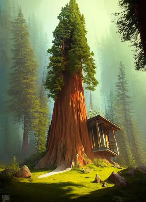 Image similar to random mystic house in sequoia forest incredible, vector art, octane render, fabulous, hyper detailed, random cinematic view, no noise, global illumination, warm lighting, volumetric, godrays, vivid, beautiful, by jordan grimmer