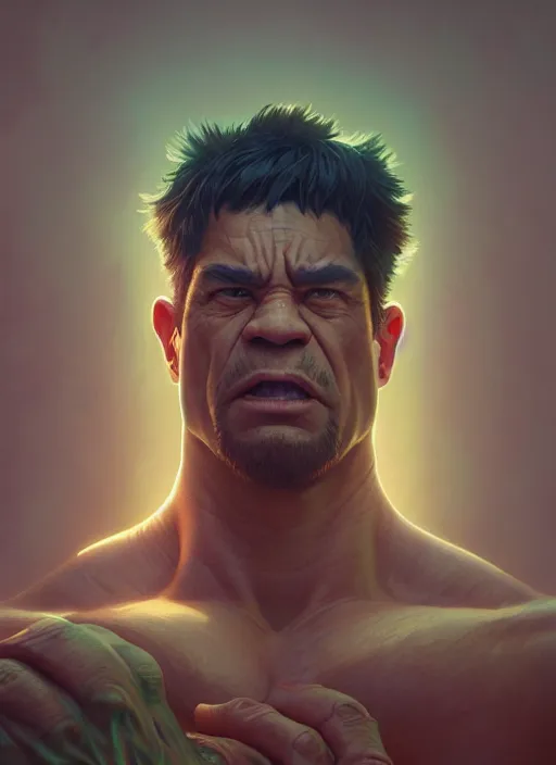 Image similar to highly detailed portrait of hulk, stephen bliss, unreal engine, greg rutkowski, loish, rhads, beeple, makoto shinkai and lois van baarle, ilya kuvshinov, rossdraws, tom bagshaw, alphonse mucha, global illumination, radiant light, detailed and intricate environment