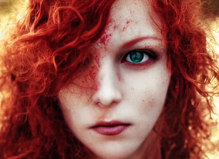 Prompt: award winning 5 5 mm close up face portrait photo of an anesthetic redhead with blood - red wavy hair and intricate eyes that look like gems, in a park by luis royo