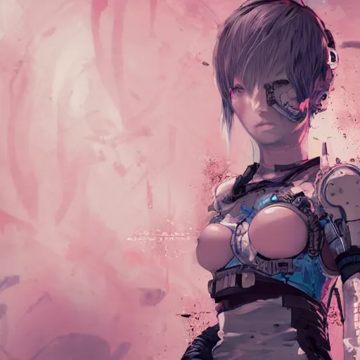 Image similar to highly detailed portrait of a post-cyberpunk punk young lady by Akihiko Yoshida, Greg Tocchini, 4k resolution, league of legends inspired, arcane, nier:automata, pastel pink, light blue, brown, white and black color scheme with graffiti