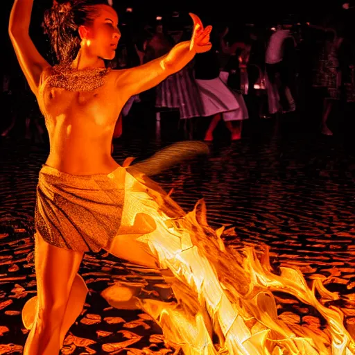 Image similar to beautiful woman is dancing into circle of fire, high resolution, 8k resolution, highly detailed, attention to details, realism, photo-realism, photo by Anton Corbjin, leica 35mm