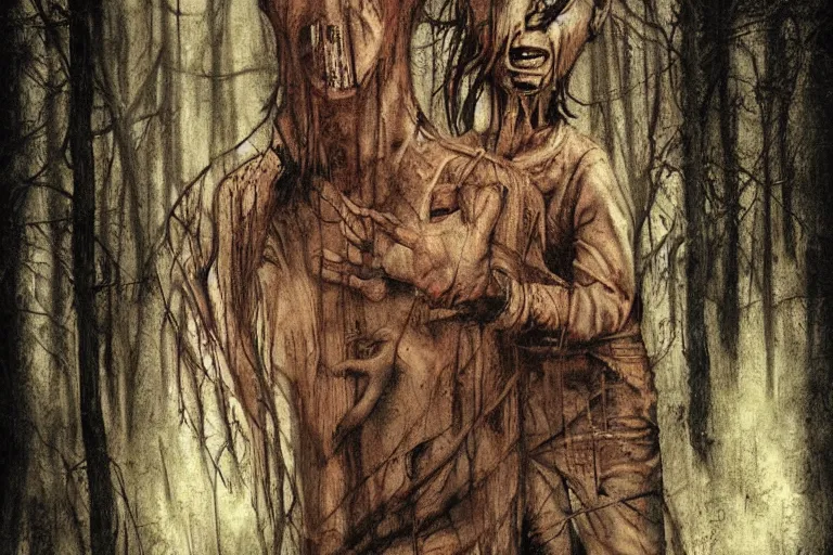 Image similar to horror painting of Missing 411 anomaly young boy lost in the woods by ben templesmith