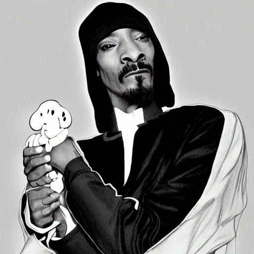 Prompt: the face of snoop dogg famous rapper professional photo on the body of the beagle snoopy from charles schultz'peanuts