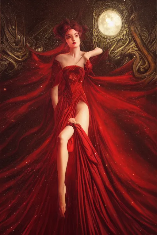 Prompt: a dark fantasy world, glowing, stars, a long-legged elegant evil woman, highly detailed, mysterious, ethereal, dressed in red velvet, haute couture, illustration, dramatic lighting, soft details, painting oil on canvas, art nouveau, octane render, HDR, 4k, 8k, HD, by Edmund Blair Leighton, Brom, Charlie Bowater, trending on artstation, faces by Tom Bagshaw, Sargent