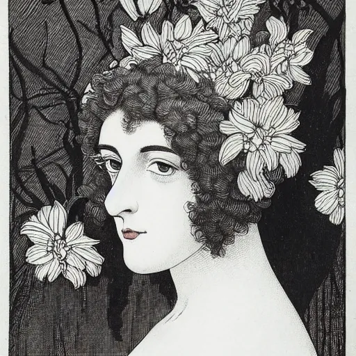 Prompt: highly detailed, sharp focus 4k, highly detailed, sharp focus lithography by Aubrey Beardsley, Portrait of a beautiful woman with flowers in her hair ,