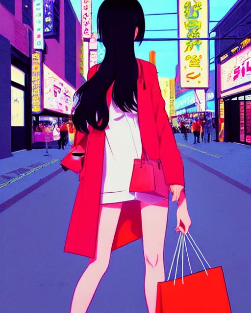 Image similar to cute girl wearing high heel with shopping bags, neon street. | very very anime!!!, fine - face, audrey plaza, realistic shaded perfect face, fine details. anime. very strong realistic shaded lighting poster by ilya kuvshinov katsuhiro otomo ghost, magali villeneuve, artgerm, jeremy lipkin and michael garmash and rob rey