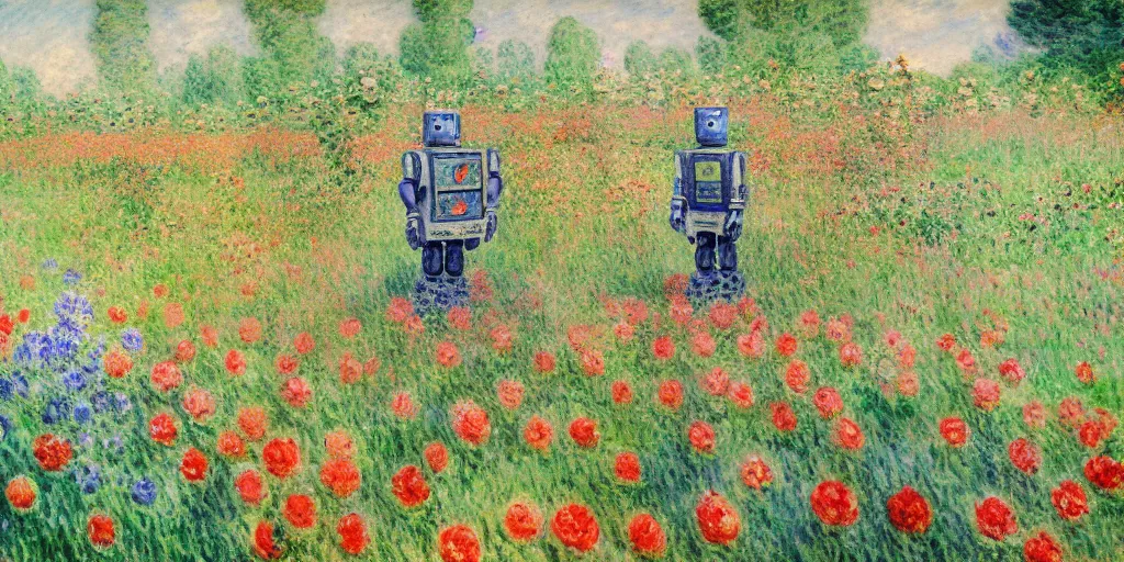 Image similar to a robot standing on flower garden looking small with many kinds flower arround him, watercolor art, 1 8 8 0 s, calude monet style, colorfule, hd, uhd