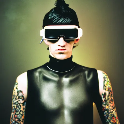 Image similar to kodak portra 4 0 0 photograph of a skinny cybergoth goth guy wearing goggles and eclectic jewelry, moody lighting, telephoto, 9 0 s vibe, blurred background