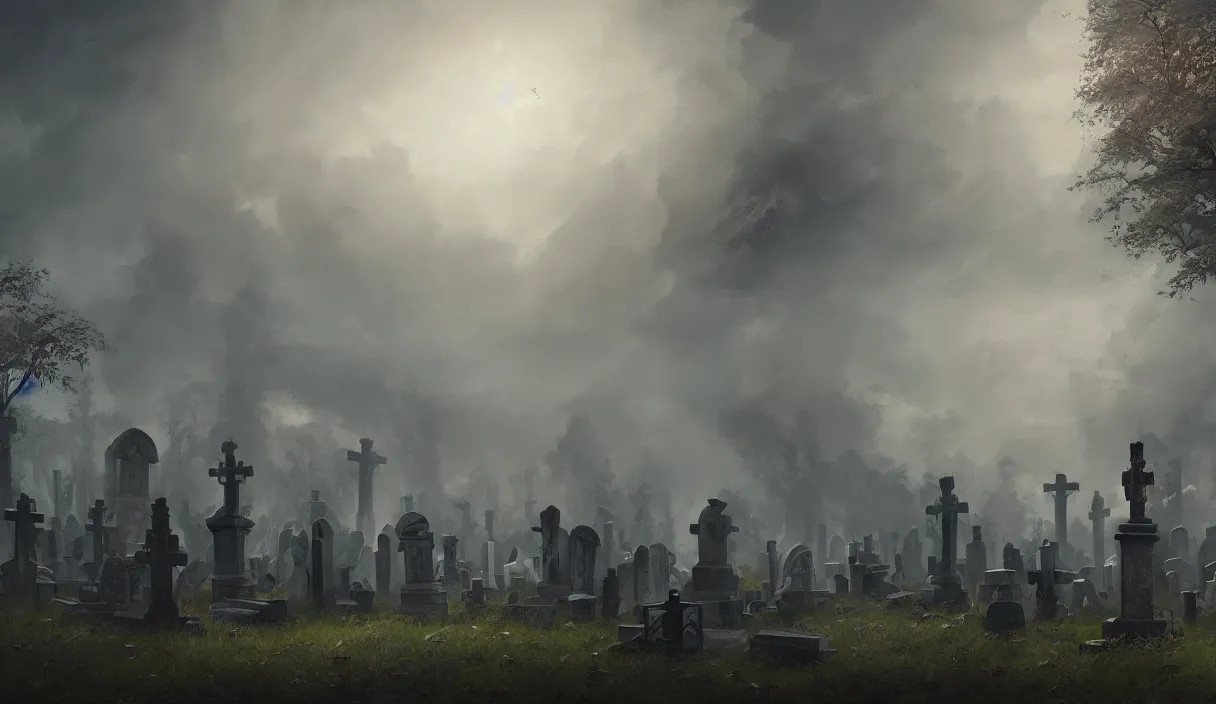 Image similar to a beautiful painting of a graveyard, cinematic angle, studio lighting, movie concept, trending on artstation, 8 k, ultra high detail