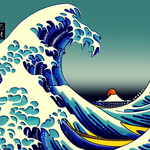 Prompt: detailed illustration, a elderly man surfing in the style of the great wave off kanagawa, surfing, 🏄,