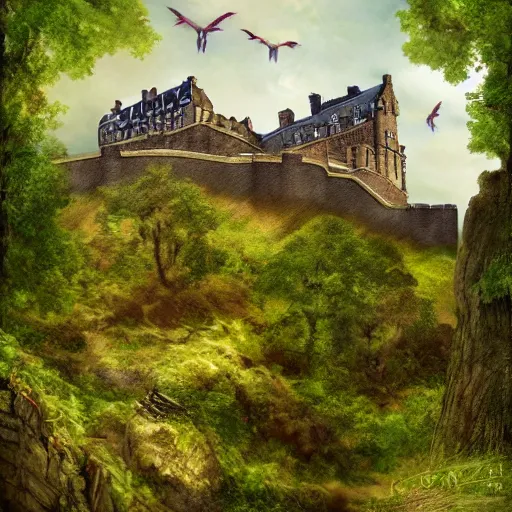 Prompt: a beautiful digital graphics design portrait of Edinburgh castle in Edinburgh. Edinburgh gardens overgrown with plants, caledonian forest, matte painting, fantasy art, highly detailed