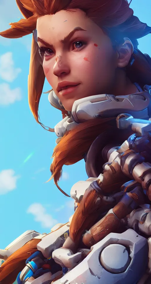 Image similar to one character, overwatch, brigitte, horizon zero dawn, aloy, digital art, high detailed, artstation, octane render