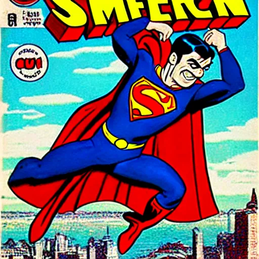 Image similar to mr bean as superman. dc comics coverart, comicbook, comic panel