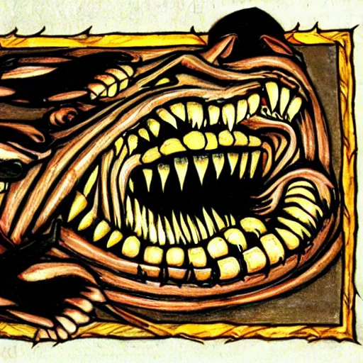 Image similar to dark cat god detailed illuminated manuscript teeth fangs tails