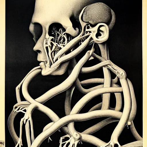 Image similar to surreal house head anatomical atlas dissection center cut, lithography on paper conceptual figurative ( post - morden ) monumental dynamic soft shadow portrait drawn by hogarth and escher, inspired by goya, illusion surreal art, highly conceptual figurative art, intricate detailed illustration, controversial poster art, polish poster art, geometrical drawings, no blur