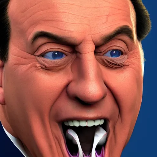 Prompt: Silvio Berlusconi with lots of snow on nostrils and tongue, open mouth extreme close up, hyper realistic and colorful, trending on artstation