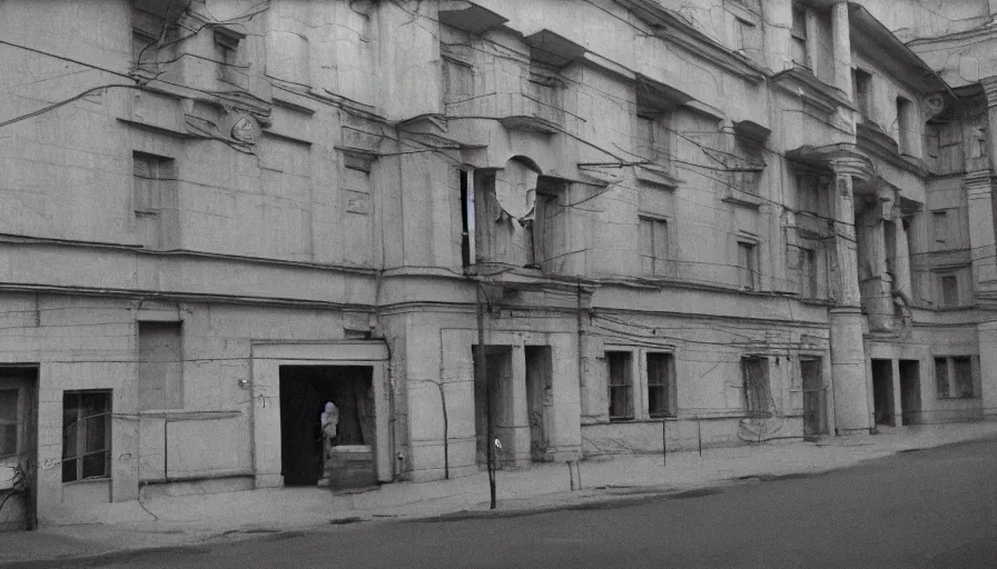 Prompt: 60s movie still of a sovietic museum stalinist style, cinestill 800t 10mm eastmancolor, by Josef Sudek, liminal Space style, heavy grain, high quality, high details, panoramic