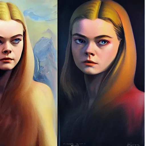 Image similar to ultra realistic portrait painting of elle fanning in a 1 9 7 0 s sci - fi, art by frank frazetta, 4 k, ultra realistic, highly detailed, epic lighting