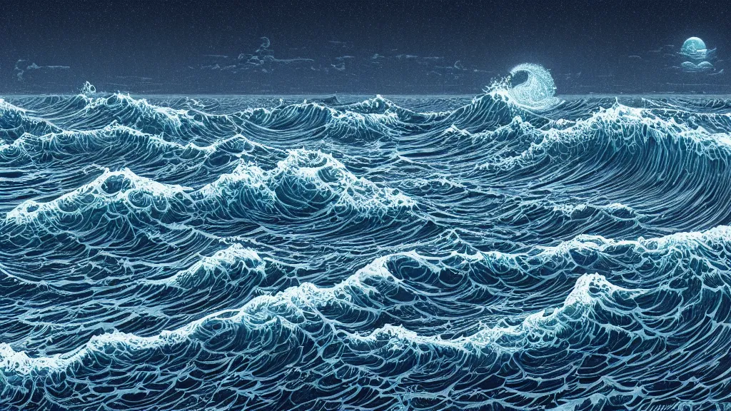 Image similar to highly detailed illustration of high exposure ocean waves at night by moebius, nico delort, oliver vernon, kilian eng, joseph moncada, damon soule, manabu ikeda, kyle hotz, dan mumford, otomo, 4 k resolution