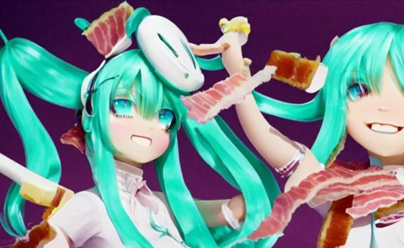 Prompt: Hatsune Miku inside a sandwich with bacon and too much mayonnaise