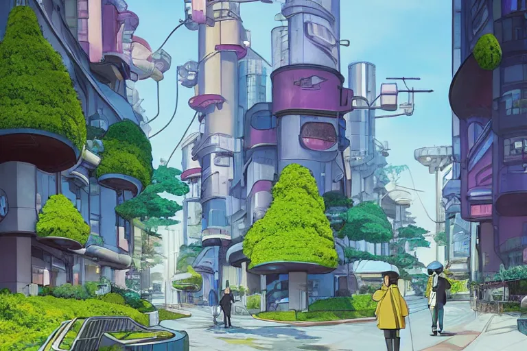 Prompt: an optimistic futuristic city street with a pop cannabis leaf motif, freestyle thick black edges, by studio ghibli