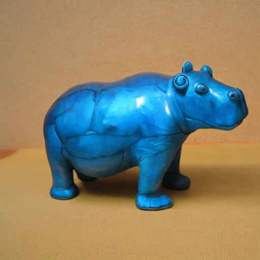 Image similar to small hippo statue, wood blocks bottom hippo body, blue chrome top hippo body, by a genius craftsman, highly detailed, wood block bottom hippo body wood