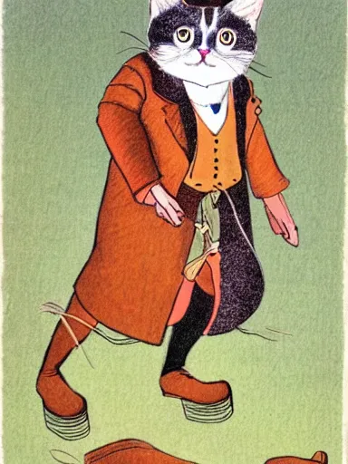 Image similar to a magical trickster gentleman cat who wears boots, folklore illustration