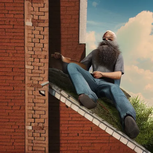 Image similar to long bearded man sliding down the gutter on the side of a house, coherent. cinematic, hyper realism, high detail, 8 k