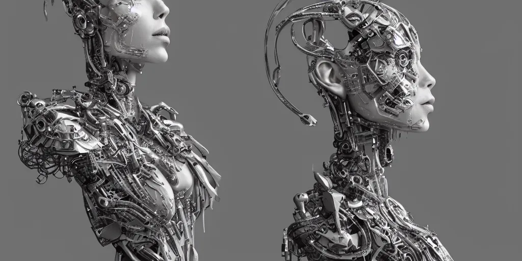 Image similar to hyperrealistic photography of a stunningly cyborg female, intimate, holding hands, kissing, in the style of beth cavener, jin kagetsu,, and wlop, highly detailed, intricate filigree, chrome face symmetry, masterpiece, award - winning, sharp focus, concept art, high key, ambient lighting, 8 k, octane render, artstation
