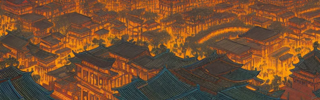 Prompt: a beautiful painting of the ancient city in china at night by victo ngai, river reflectioneffect, unreal engine, trending on artstation ， super wide view ， 4 k resolution,