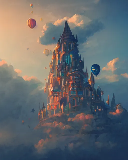 Image similar to flying cloud castle, buildings, baloons, machines, bright, blue sky, mountains, colorful, cinematic lighting, fantasy, high detail, illustration, masterpiece, artstation, 4 k, art by wylie beckert