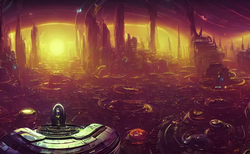 Prompt: an extremely detailed masterpiece epic color scene of a futuristic city massive sky scrappers and'extraterrestrial citizens on an earth like planet with a ringed planet background, in the style of paul lehr, elegant, highly detailed, digital painting, artstation, cinematic lighting, extremely moody lighting, glowing light and shadow, 4 k