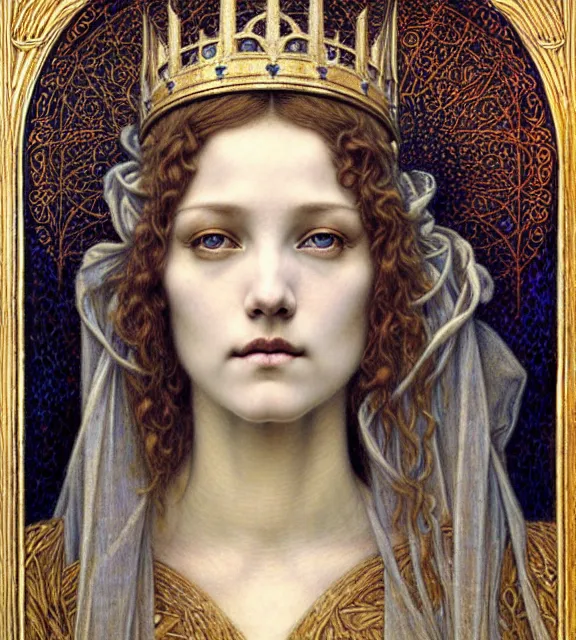 Image similar to detailed realistic beautiful young medieval queen face portrait by jean delville, gustave dore and marco mazzoni, art nouveau, symbolist, visionary, gothic, pre - raphaelite. horizontal symmetry