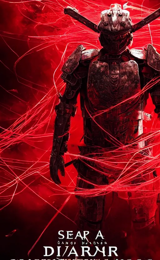 Prompt: a distant armored warrior with a sword, a sea of red thread in the background, dark shapes in the background, cinematic, highly detailed, movie poster